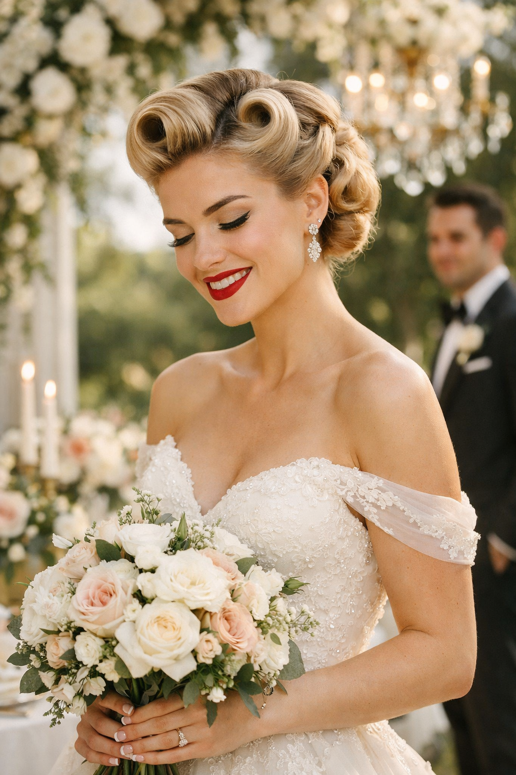 A bride with vintage-inspired pin-up curls, wearing a strapless wedding dress and holding a bouquet of roses