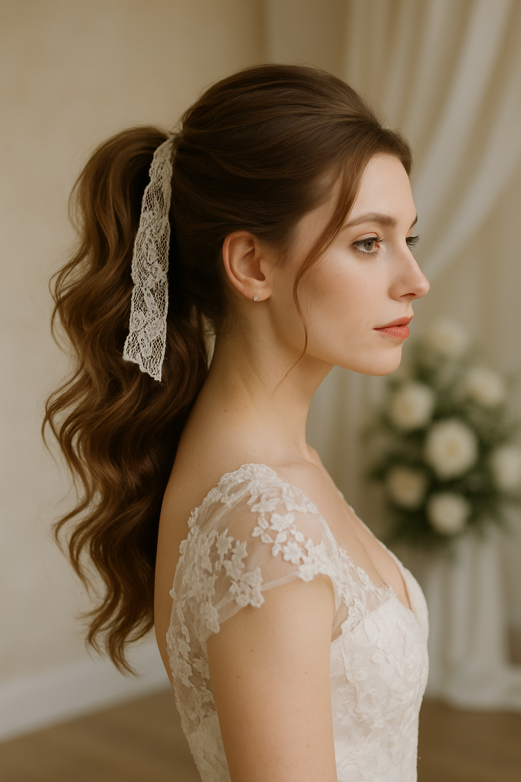 A bride with a vintage-inspired ponytail hairstyle adorned with a lace ribbon, showcasing soft waves and a romantic look.