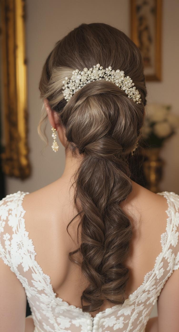 A vintage-inspired ponytail updo with retro curls, adorned with a decorative hairpiece.