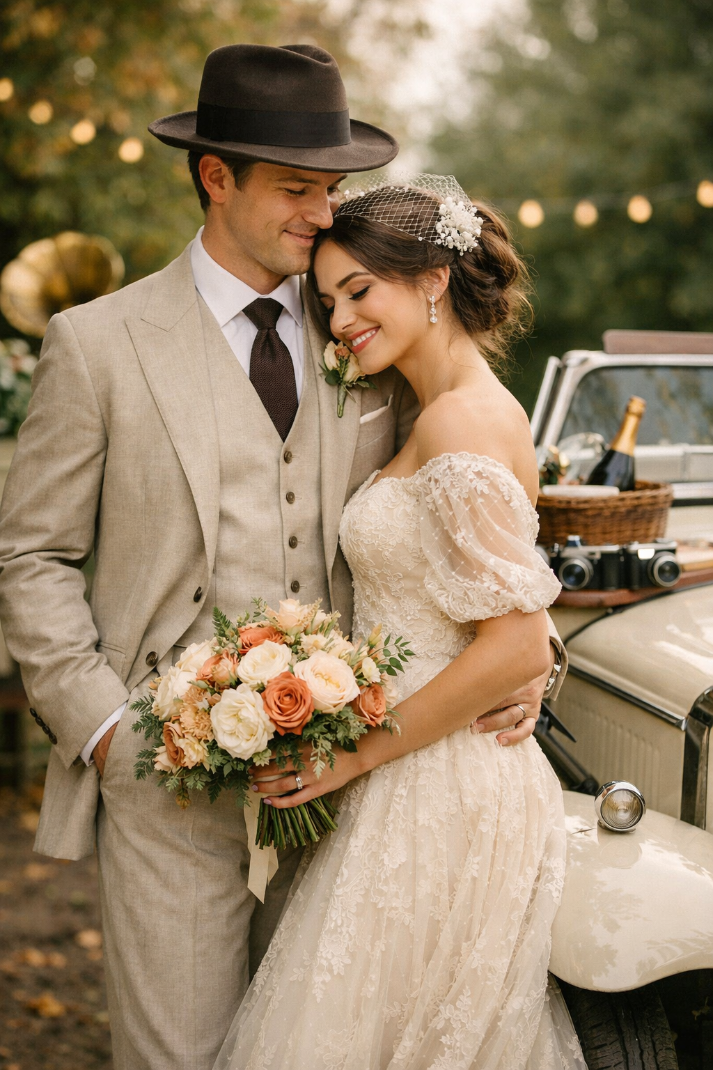 Engaged couple in vintage-inspired outfits with a bouquet by a classic car.