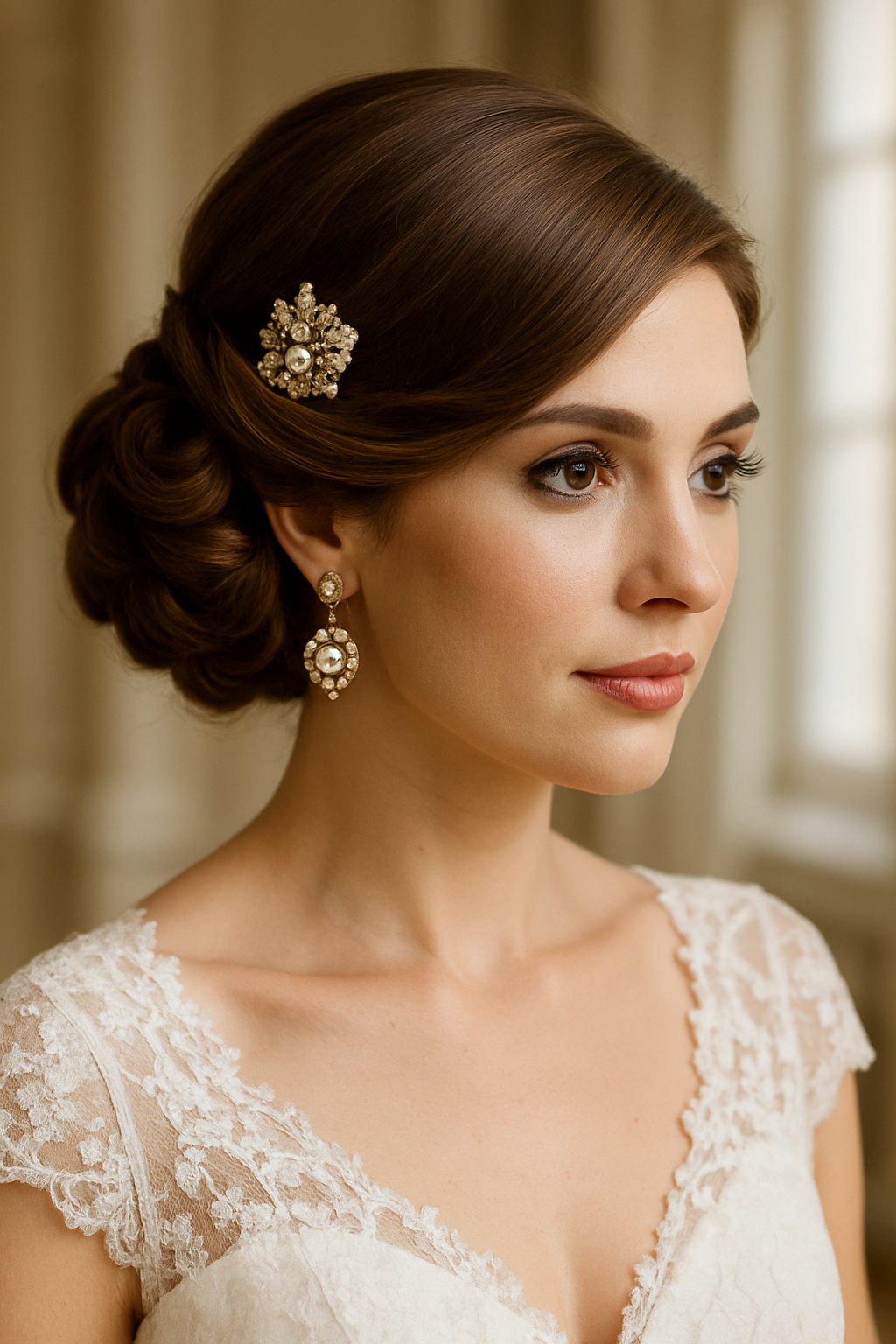 A woman with a vintage-inspired side bun hairstyle, adorned with a decorative hairpin and elegant earrings.