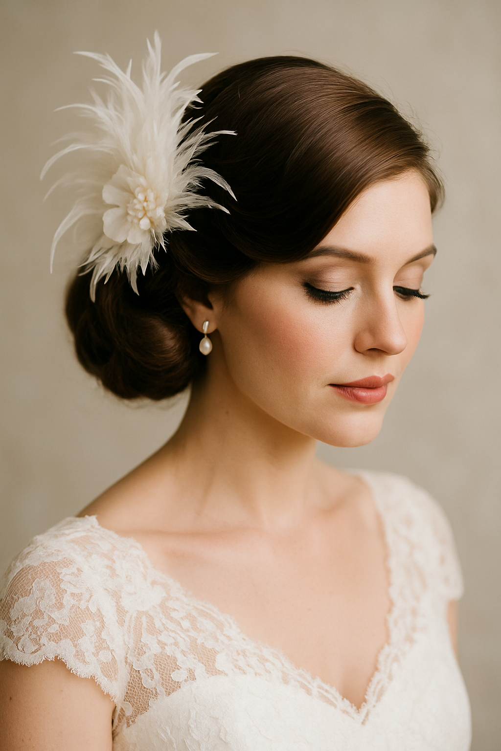 A bride with a vintage-inspired side bun hairstyle adorned with a feather fascinator.