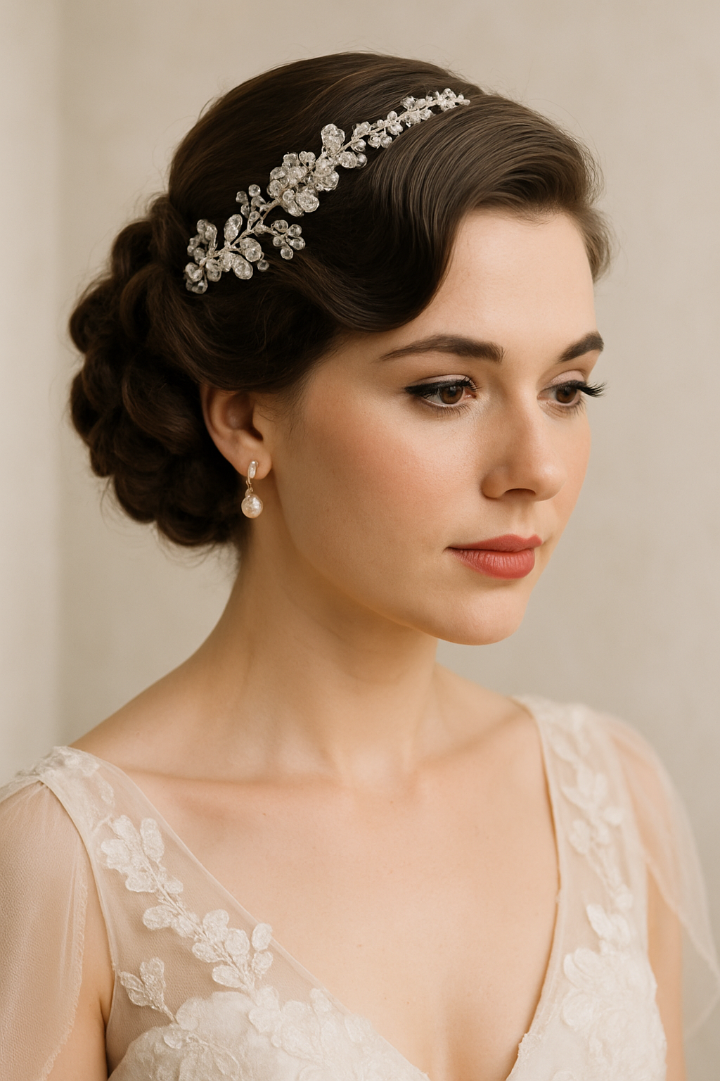 A bride with vintage-inspired side swept curls, adorned with a delicate hairpiece.