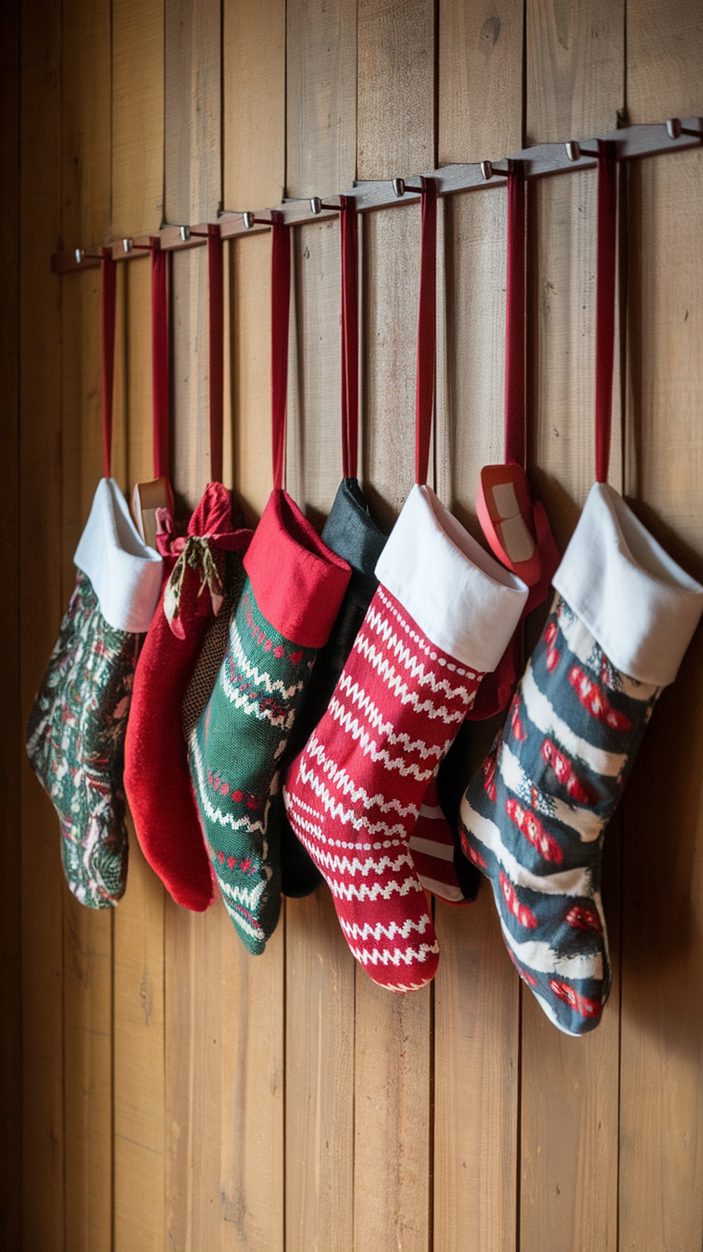 A row of vintage-inspired Christmas stockings hanging on a wooden wall.