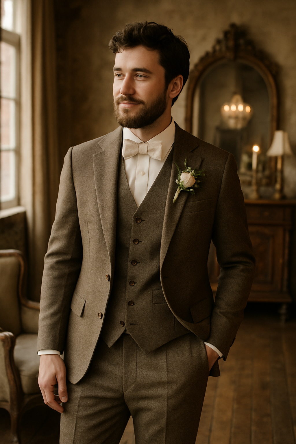 A groom in a vintage-inspired brown suit with a bow tie and boutonnière, standing in a softly lit room.