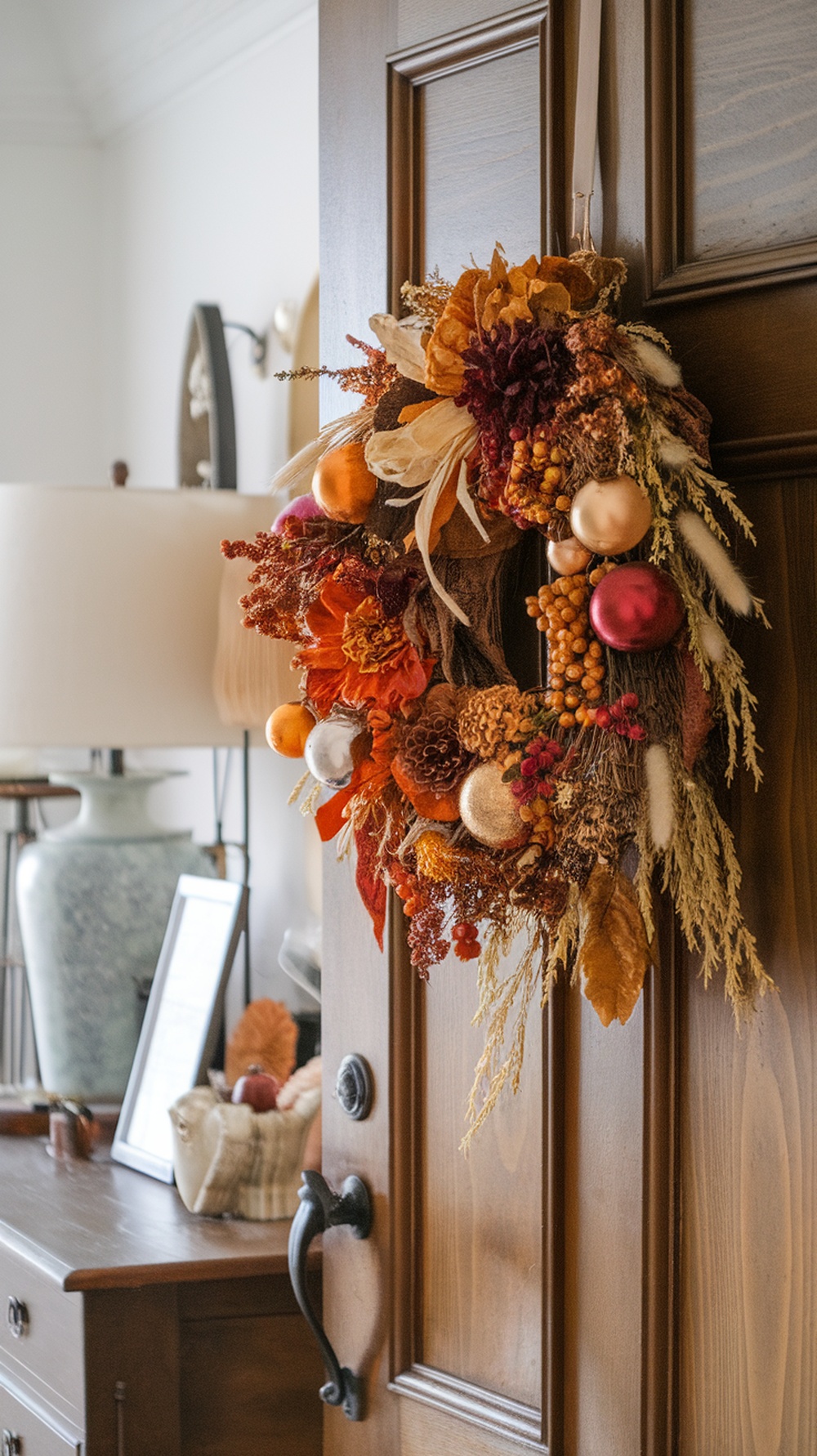 A vintage-inspired Thanksgiving wreath with autumn colors and textures, hanging on a wooden door.