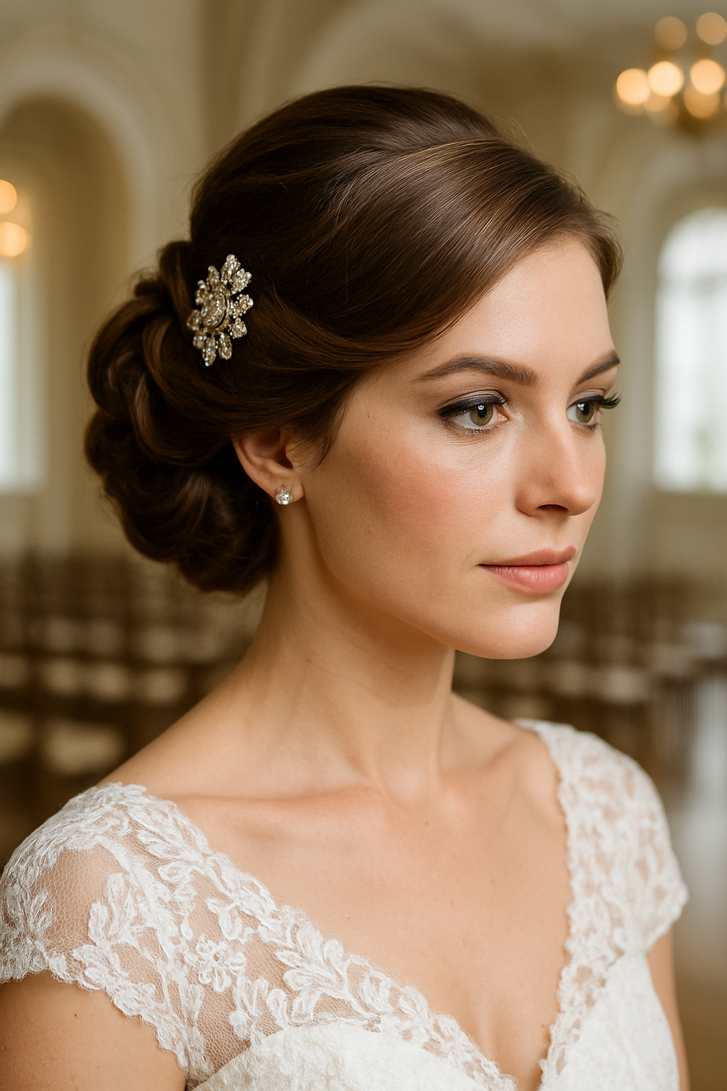 A bride with a vintage-inspired updo featuring a sparkling brooch, showcasing elegance and charm.