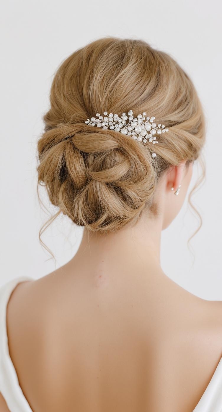A vintage-inspired updo with curls, featuring a twisted bun and a sparkling hair accessory.