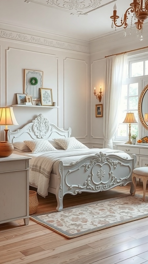 A vintage-inspired white bedroom featuring a beautifully carved bed, matching nightstand, and warm wooden flooring.