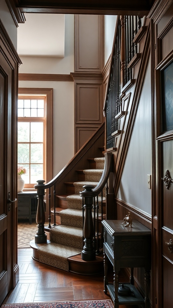 A vintage-style narrow staircase with wooden paneling and a plush runner, illuminated by natural light from a large window.