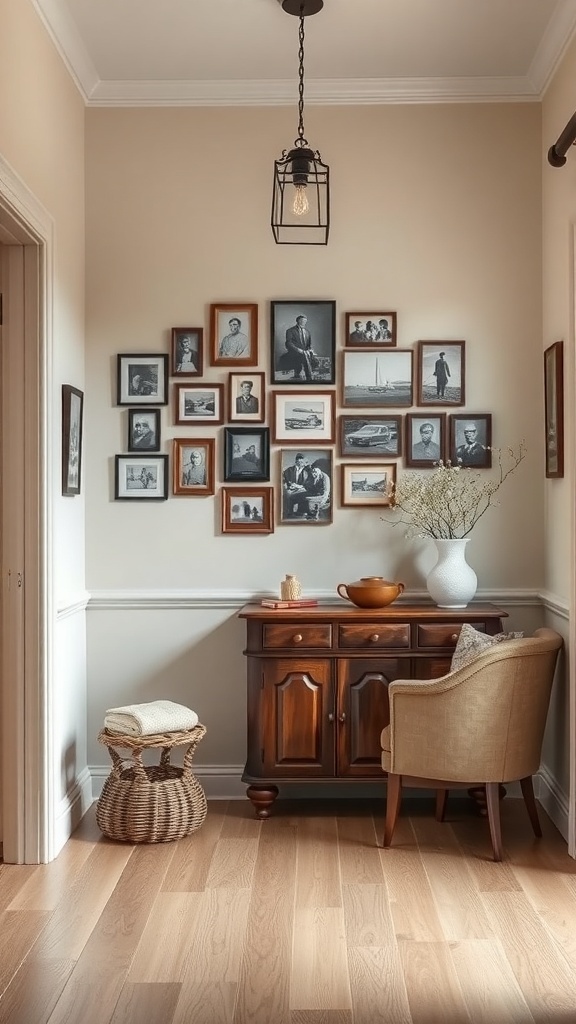 A cozy entryway featuring a vintage accent wall with a gallery of black-and-white photographs, a wooden cabinet, and soft lighting.