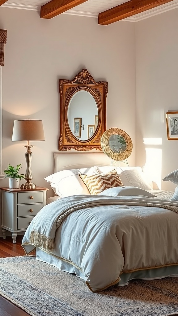 A warm bedroom with vintage accents, featuring an ornate mirror, classic lamp, and soft bedding.