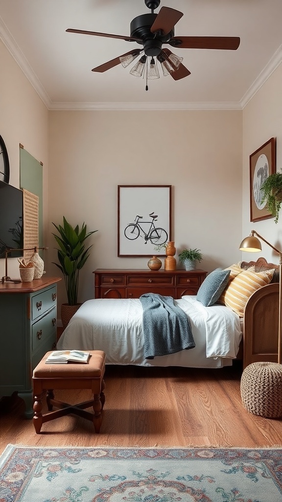 A cozy small master bedroom with vintage decor, featuring a bicycle artwork, wooden furniture, and plants.