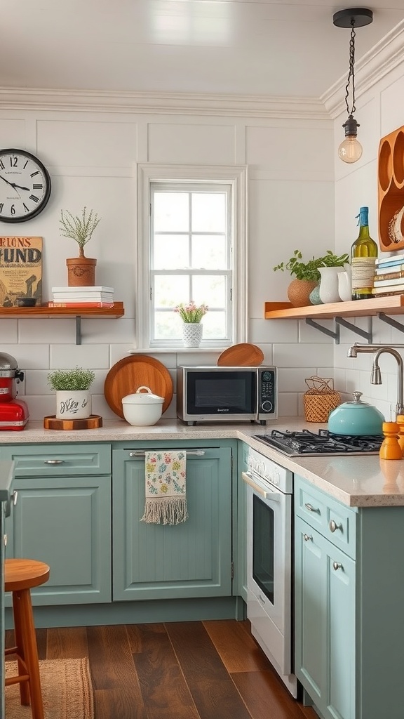 Cozy kitchen with vintage accents, featuring blue cabinets, wooden shelves, and decorative plants.