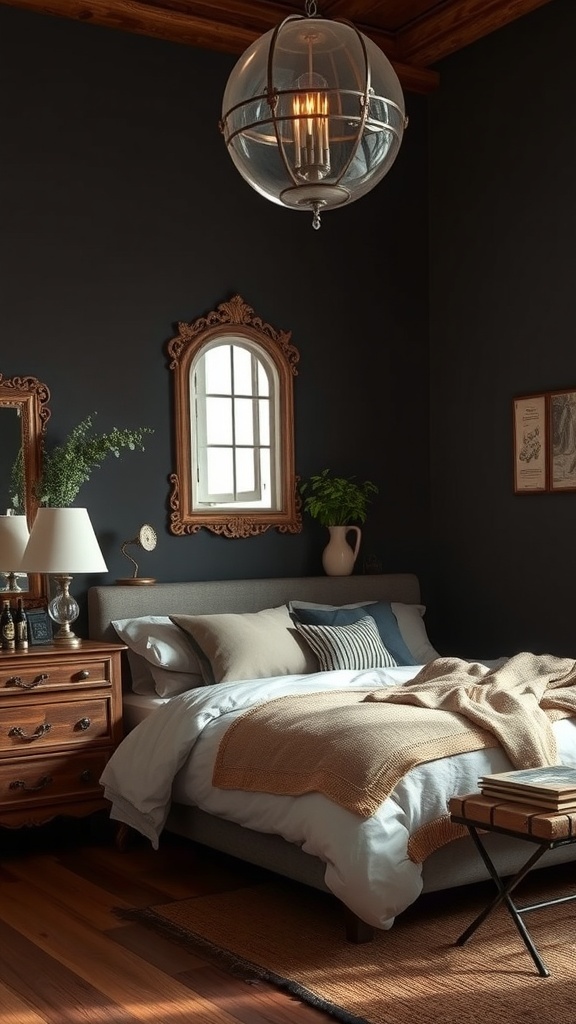 A cozy bedroom featuring vintage accents, dark walls, wooden furniture, and soft bedding.