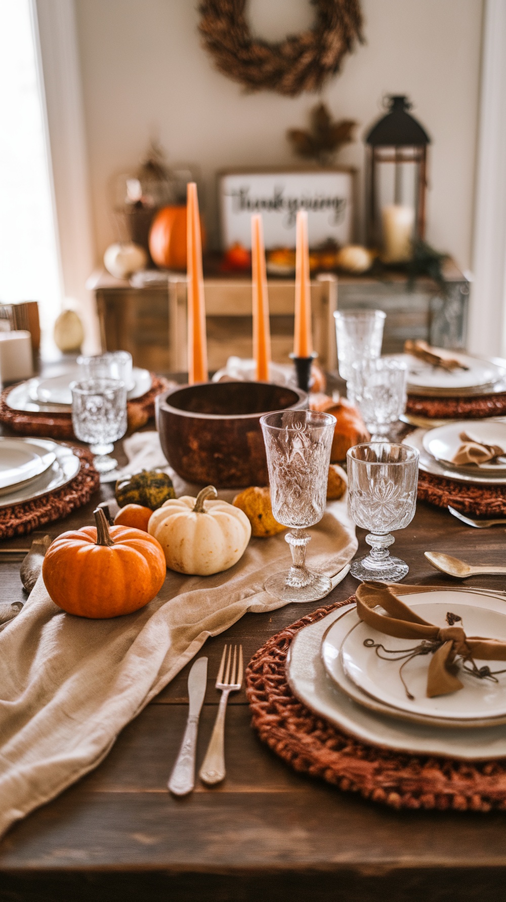 A beautifully set boho Thanksgiving table featuring vintage glassware, pumpkins, and woven placemats.
