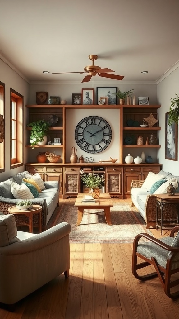 Cozy living room with rustic furniture, vintage clock, and decorative accents