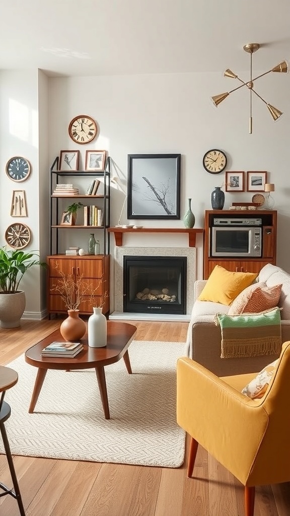 Cozy mid-century modern living room with vintage accessories and decor