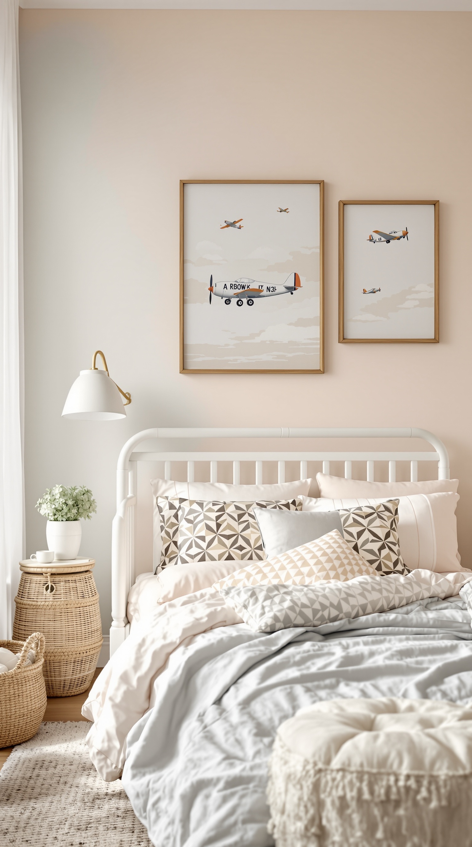 A cozy baby boy bedroom featuring vintage airplane artwork on the walls, soft bedding, and a warm color palette.