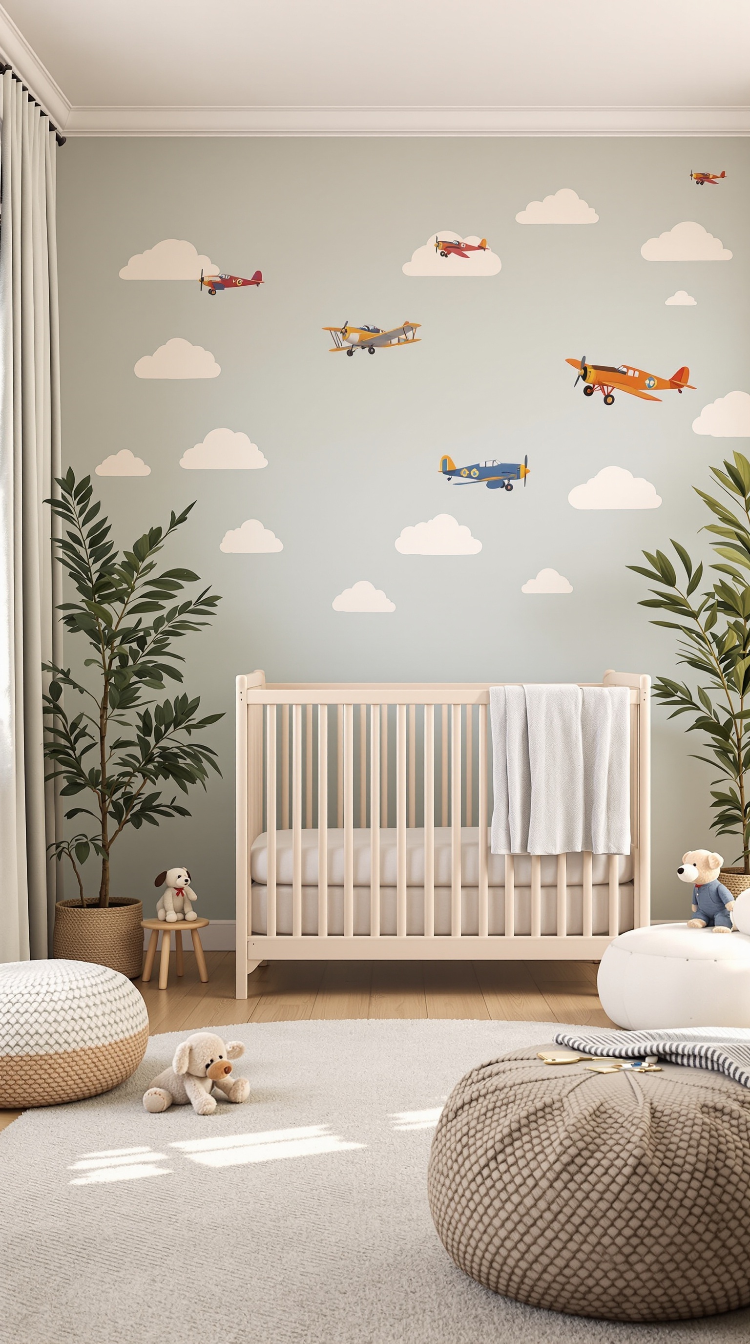 A baby room with vintage airplane wall decals, a wooden crib, and soft furnishings.