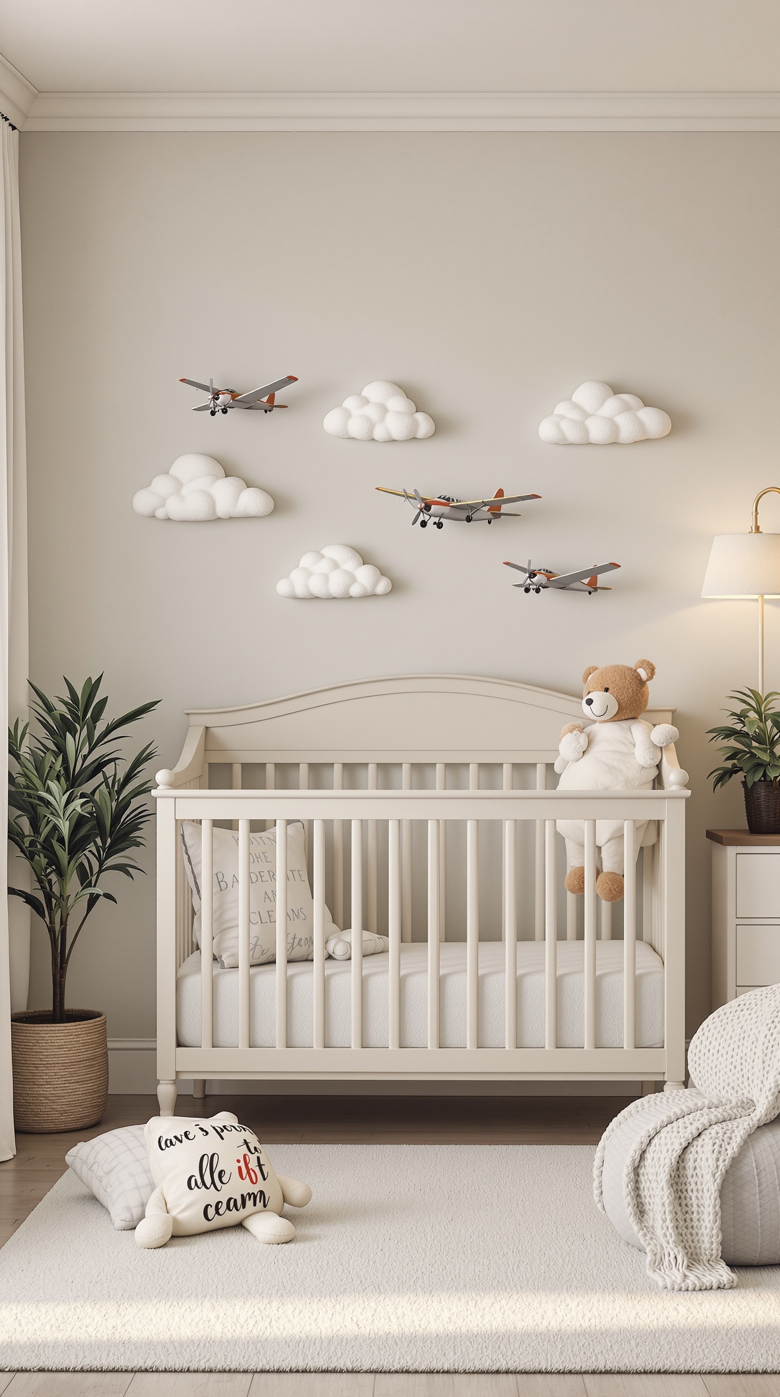 A vintage airplane themed nursery with clouds and airplane decor.