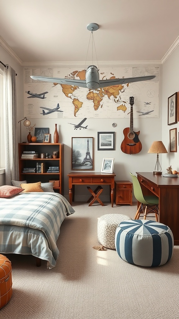 A boy's bedroom with a vintage airplane theme, featuring a ceiling-mounted airplane model, world map wall art, wooden furniture, and cozy bedding.