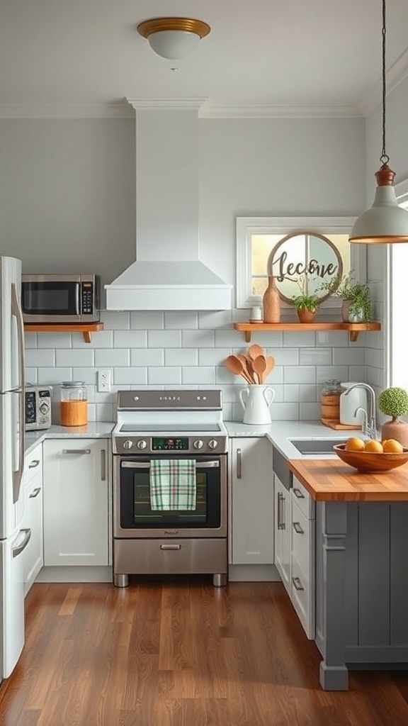 A kitchen featuring a mix of vintage and modern design elements, with white cabinets, stainless steel appliances, and wooden shelves.