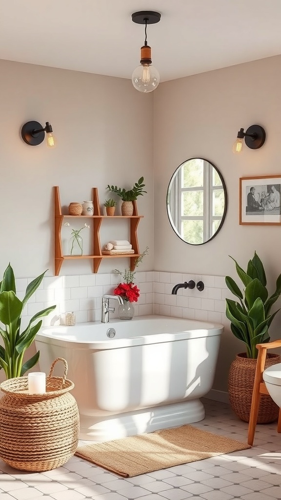 A stylish bathroom with vintage lighting, featuring a ceiling light and wall sconces, surrounded by plants and natural decor.