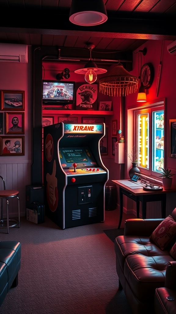 A cozy vintage arcade game station with an arcade machine, comfortable seating, and warm lighting.