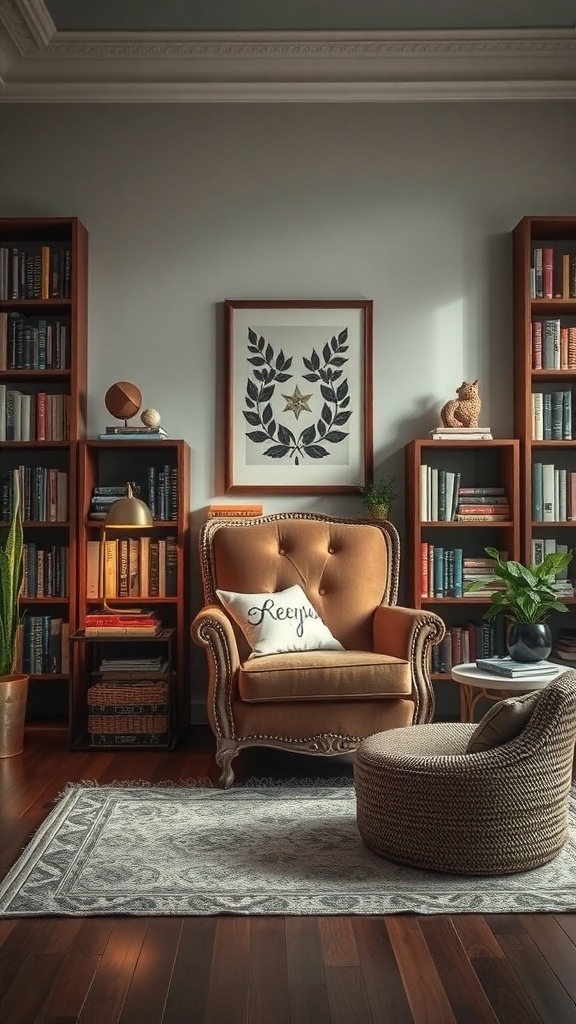 A cozy vintage armchair with a decorative pillow, surrounded by bookshelves and a small table.