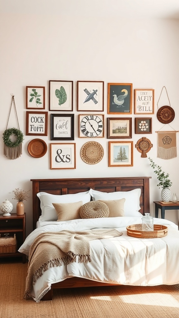 A vintage farmhouse bedroom featuring a wall with various framed artworks and wall hangings.