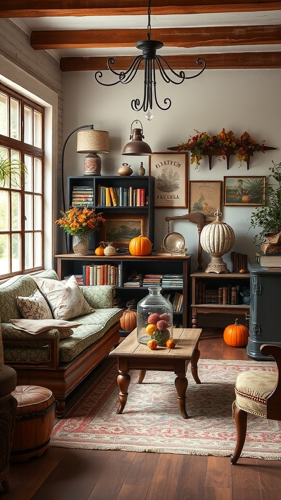 A cozy vintage room decorated for autumn with pumpkins, books, and warm lighting.