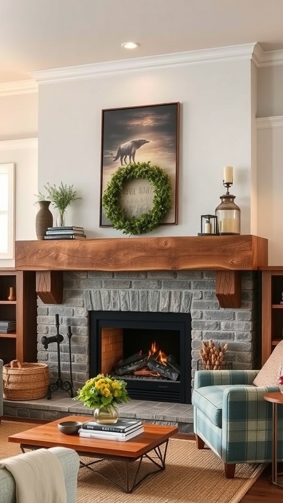 A rustic fireplace mantel made from a vintage barn beam, featuring a stone fireplace and decorative elements.