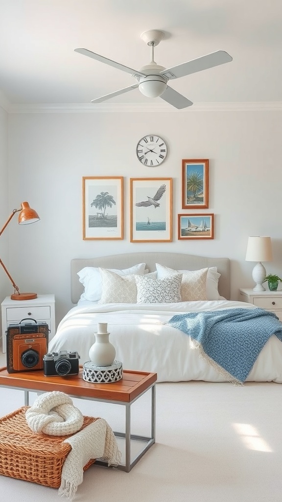 Coastal teen bedroom featuring vintage beach accessories, including cameras and framed beach prints.