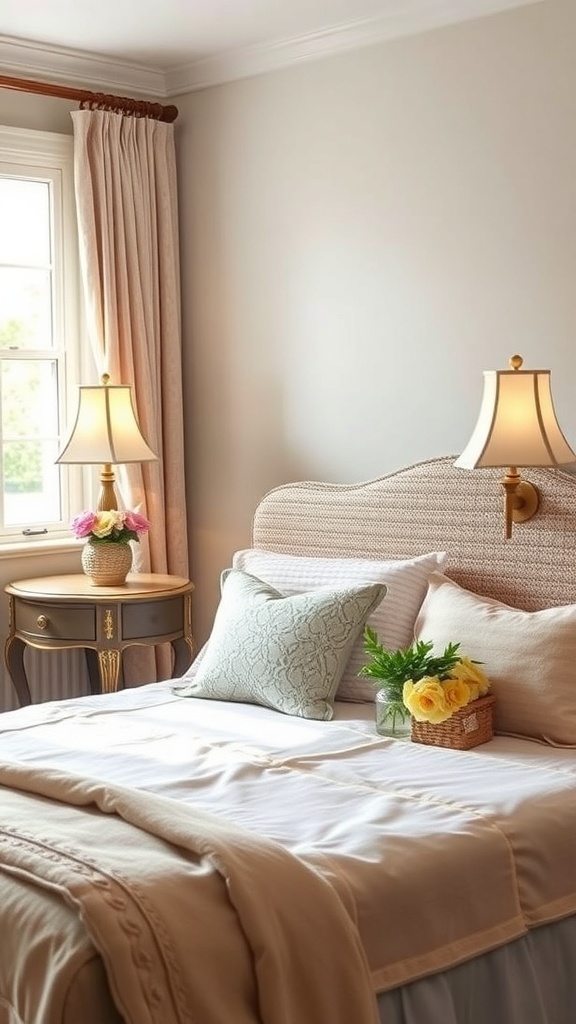 A vintage bedside table with a lamp and flowers in a shabby chic romantic bedroom