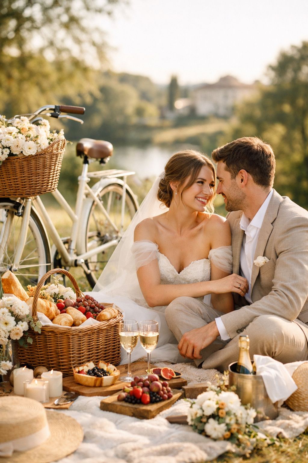 A vintage bicycle with a picnic basket next to a couple enjoying their engagement photoshoot.