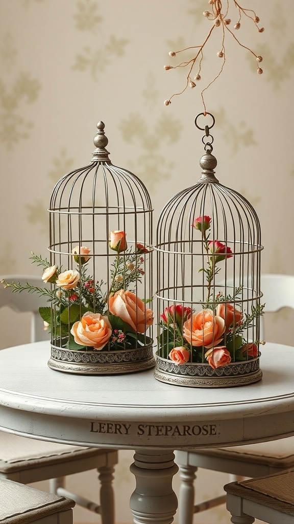 Vintage birdcages filled with colorful flowers on a table