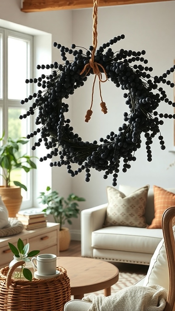 A vintage black berry wreath hanging in a bright room with plants and cozy furniture.