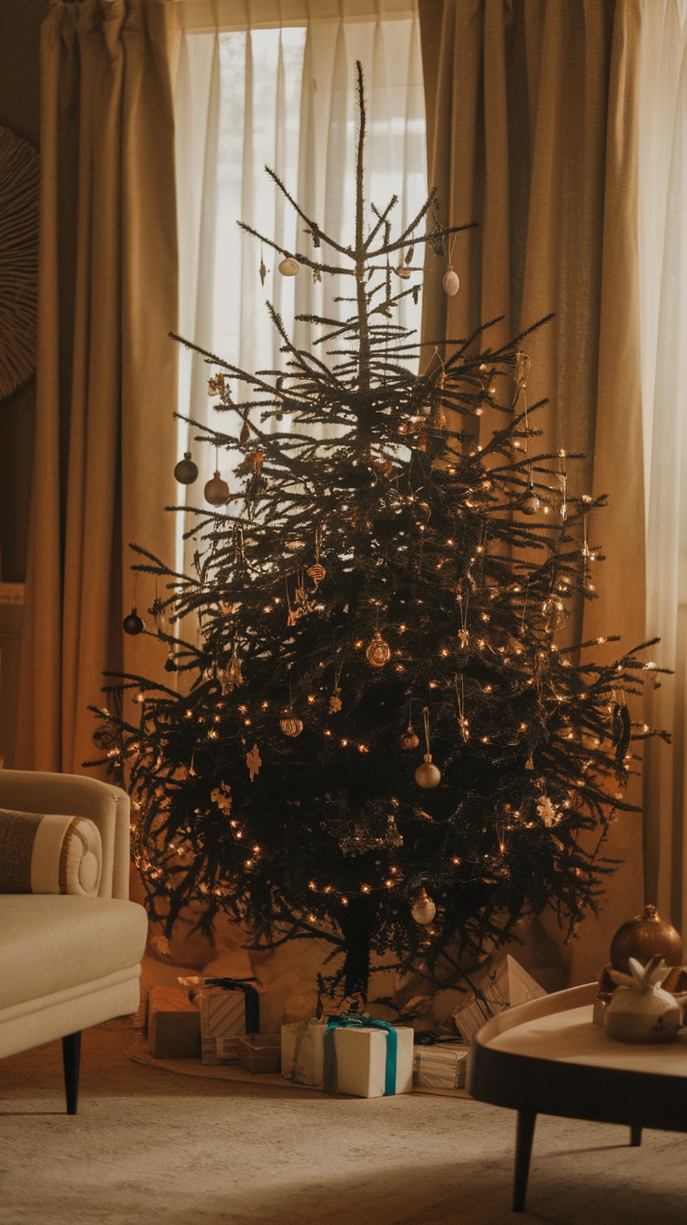 A vintage black Christmas tree decorated with warm lights and ornaments, surrounded by presents.