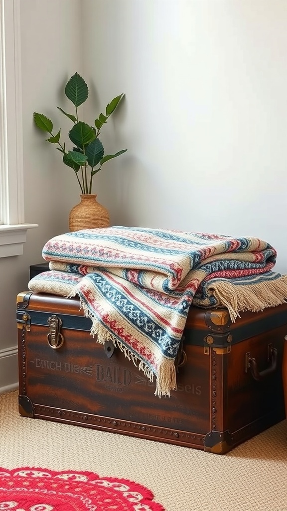 A vintage blanket with colorful patterns draped over a wooden trunk, accompanied by a plant in a vase.