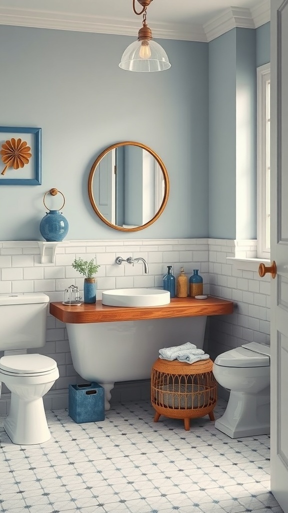 A vintage-inspired blue bathroom featuring soft blue walls, wooden accents, and stylish accessories.