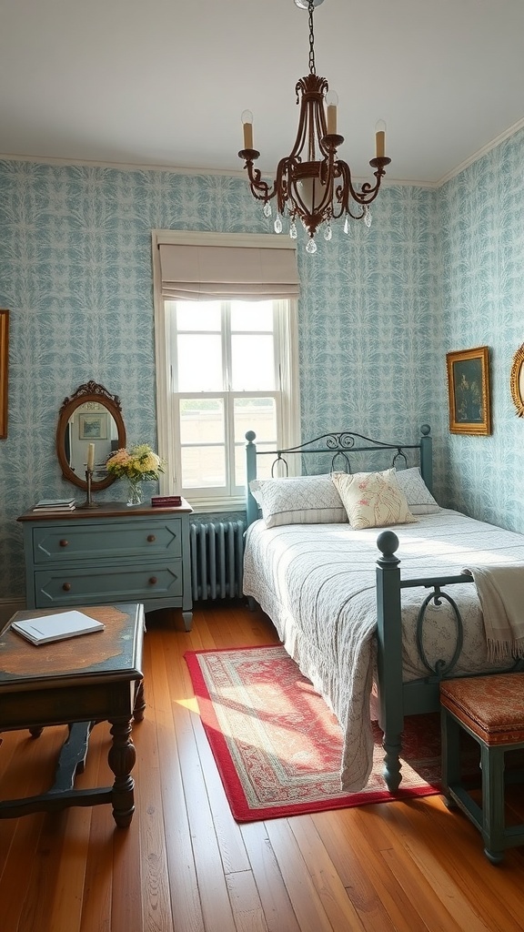 A vintage blue bedroom with patterned wallpaper, a blue bed frame, wooden furniture, and a chandelier.