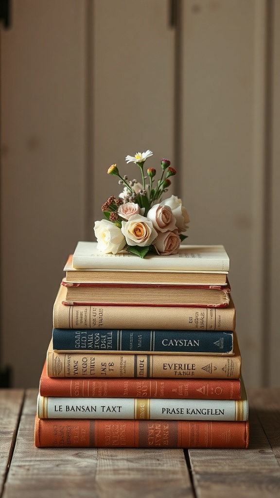 Stack of vintage books topped with flowers