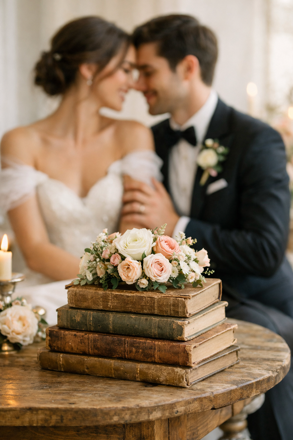 A romantic wedding table setting featuring vintage books and floral accents, with a couple seated in the background.