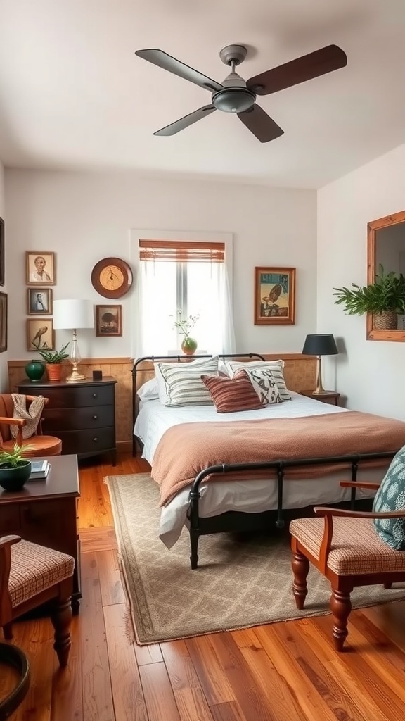 A cozy bedroom featuring vintage brown furniture, including a bed frame, side tables, and decorative elements.