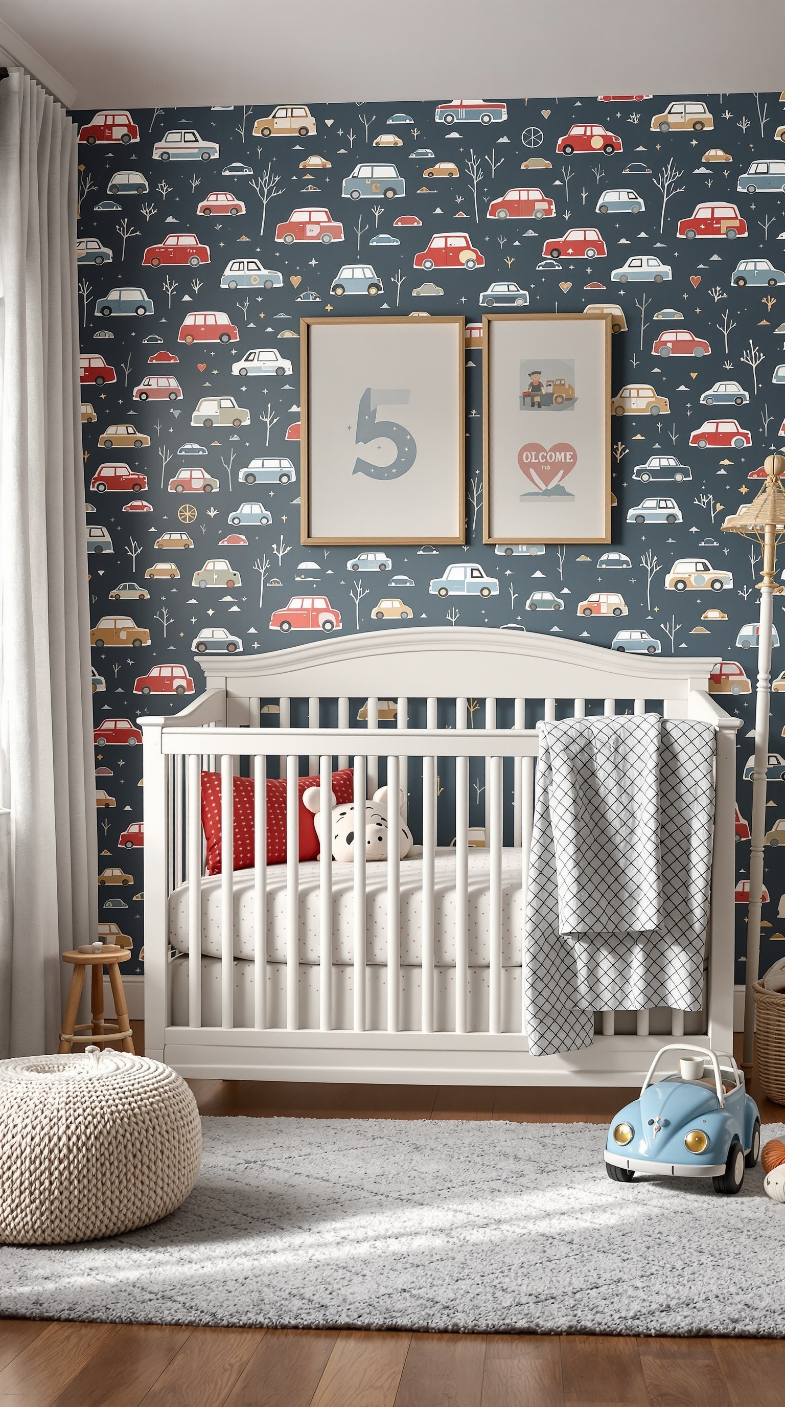 A baby boy's room featuring vintage car wallpaper, a white crib, and playful decor.