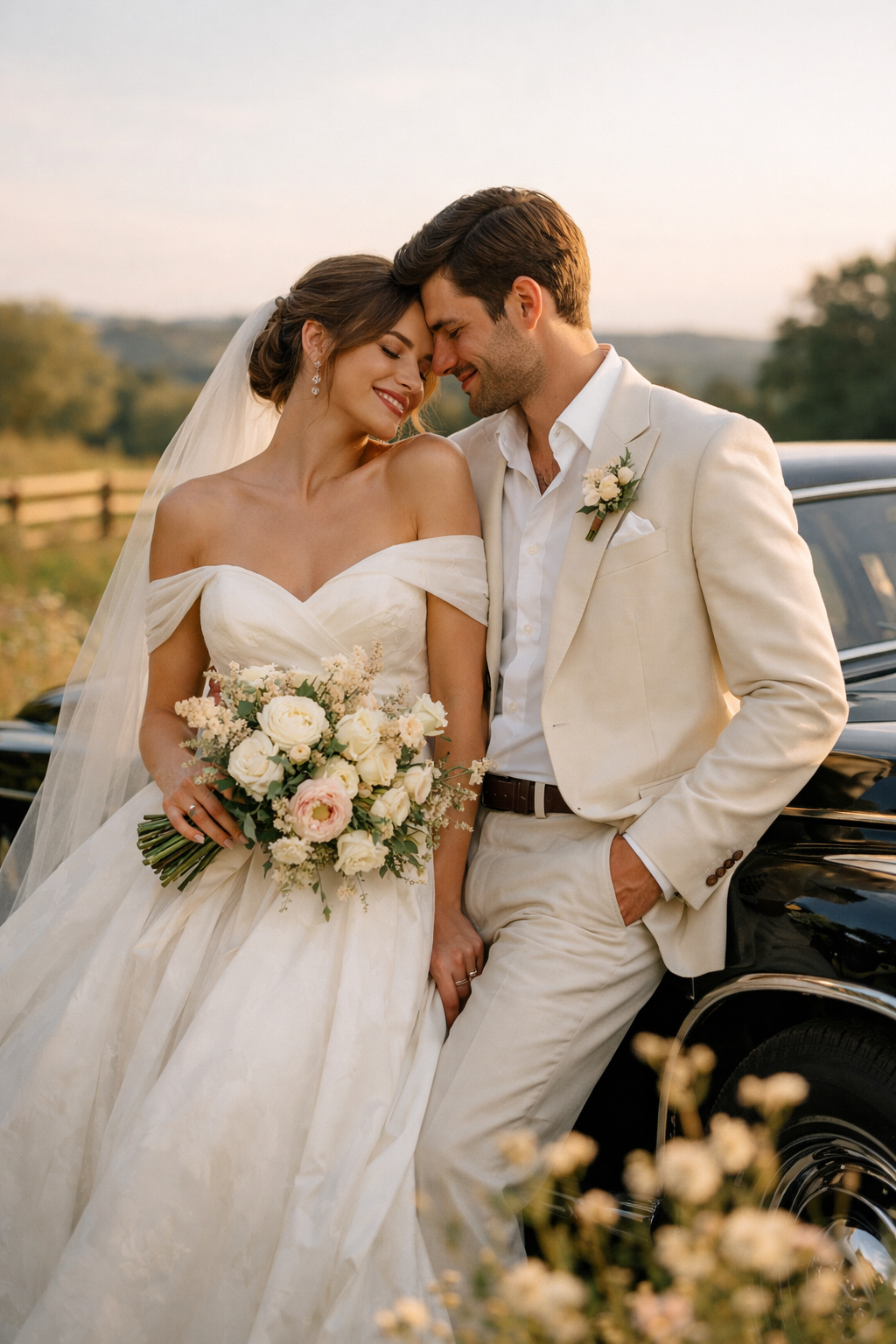 A couple posing next to a vintage car during an engagement photo shoot, with the bride holding a bouquet and sunset in the background.