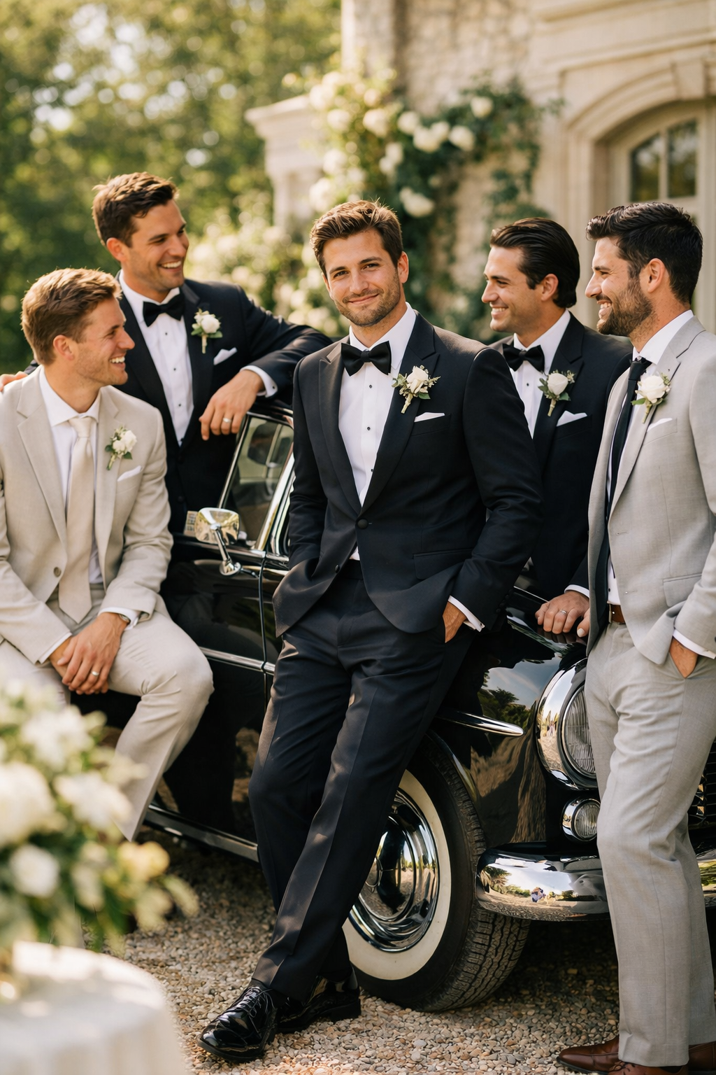 Groomsmen posing together near a vintage black car