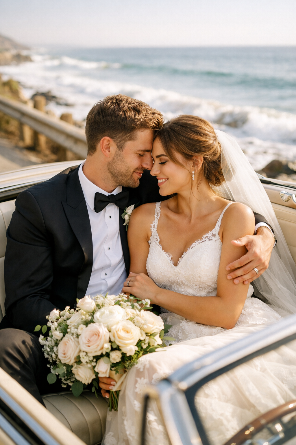 Couple in vintage car by the coast, smiling and embracing, with ocean waves in the background.