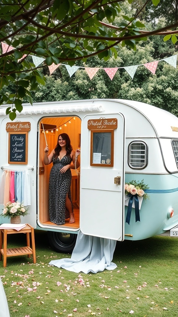 A vintage caravan photo booth with string lights, flowers, and a person standing at the entrance.